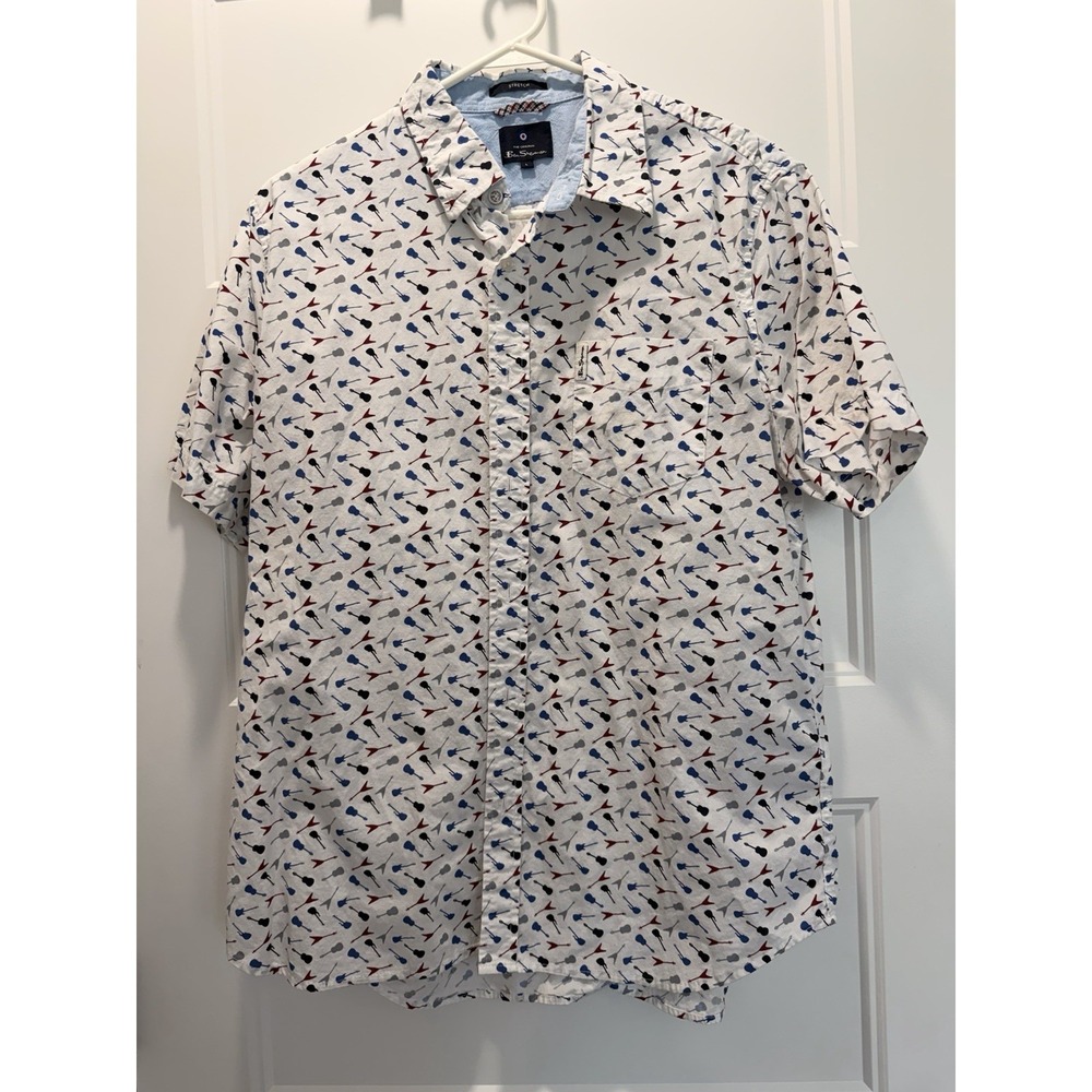 Ben Sherman Men's Short Sleeve Guitar Print Button Up Large 100% Cotton